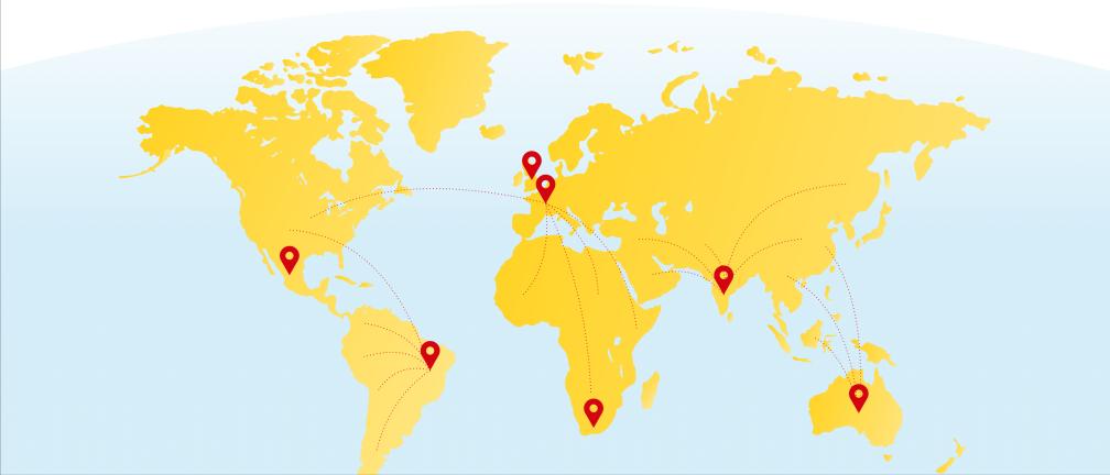 A world map with pins in Europe, United Kingdom, Mexico, Brazil, South Africa, India and Australia, and lines from these pins to many other countries.