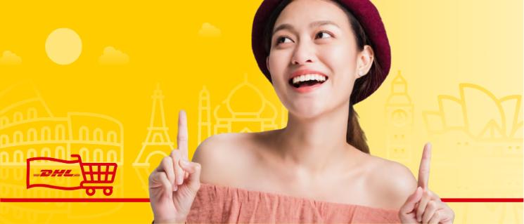 A happy woman pointing upwards with illustrated monuments from different countries and a shopping cart carrying a DHL flag.