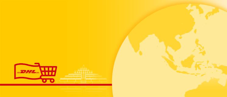 Illustration of world map with country monument behind and a shopping cart carrying a flag with the DHL logo.