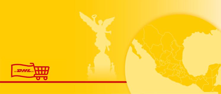 Illustration of world map with country monument behind and a shopping cart carrying a flag with the DHL logo.