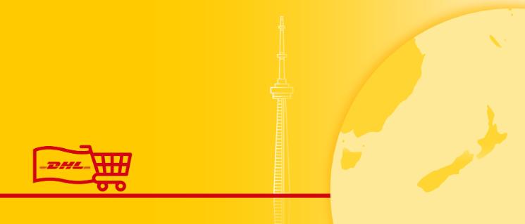 Illustration of world map with country monument behind and a shopping cart carrying a flag with the DHL logo.