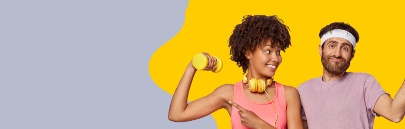 Man and woman in gym outfit, woman is displaying her fitness to the man by raising a weight.