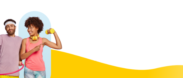 Man and woman in gym outfit, woman is displaying her fitness to the man by raising a weight.