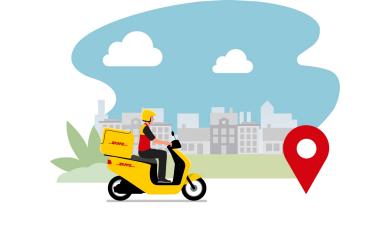 Ein DHL-Motorrad mit grüner Technologie bei einer Lieferung.