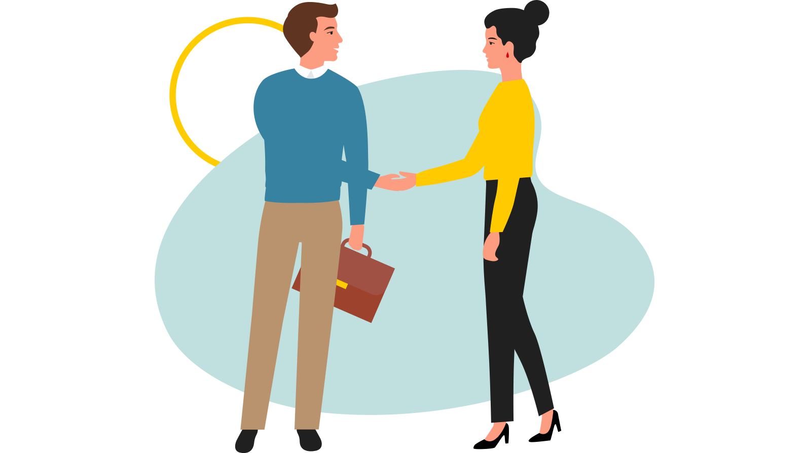 Woman and man shaking hands.