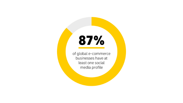 Pie chart split into two sections with the text 87% of global e-commerce businesses have at least one social media profile 