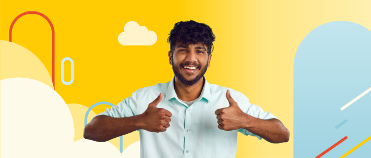Young man happy and giving an okay sign among illustrated clouds