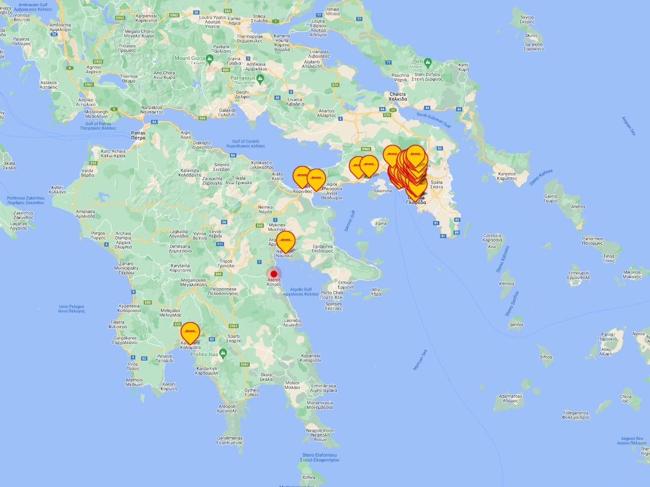 Εικόνα παραδείγματος ενός χάρτη αποτελεσμάτων του ServicePoint Finder 