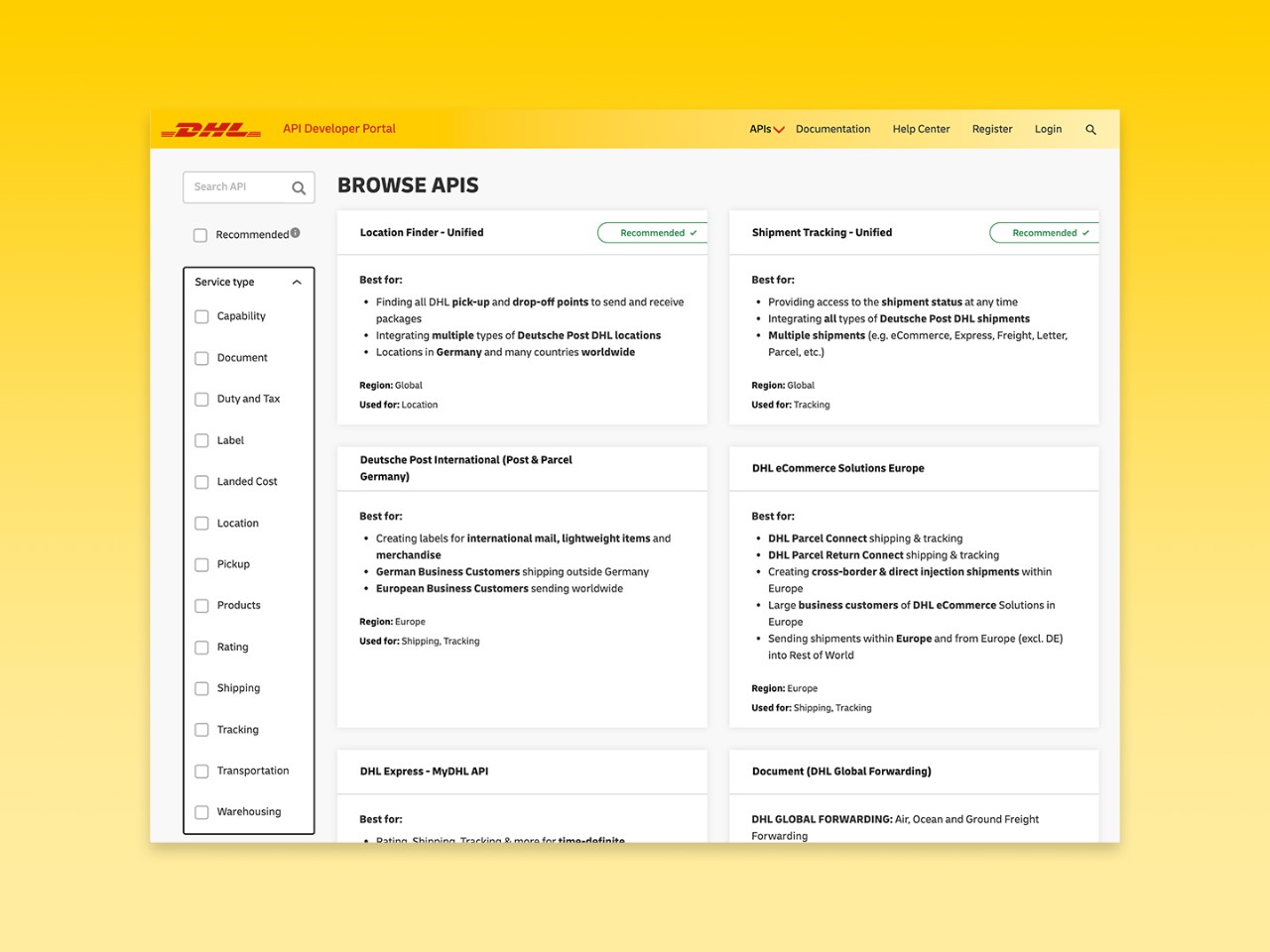 Screenshot of the DHL API Developer Portal interface
