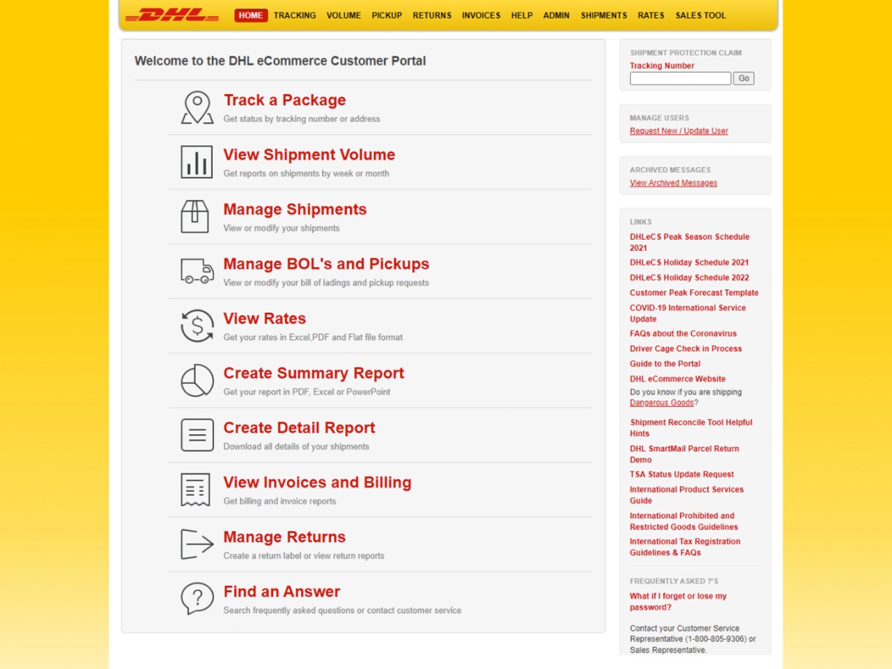 Screenshot of the DHL eCommerce Customer Portal interface