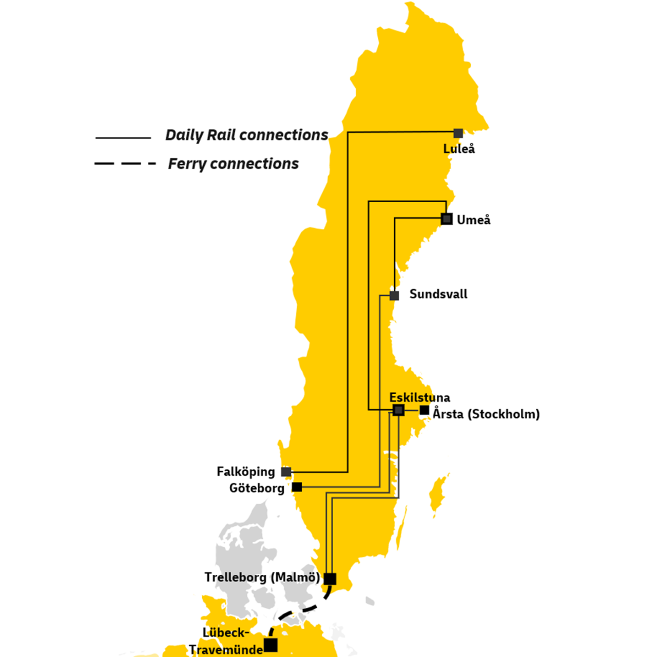 A map of Sweden showing DHL Freight daily rail connections between locations in Sweden. The ferry route between Lübeck-Travemünde and Årsta is also shown in the map.