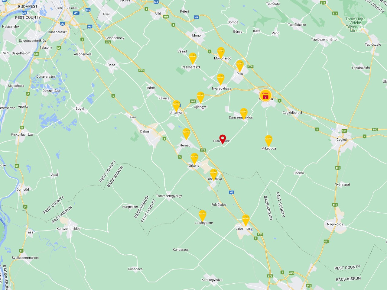 Példa kép egy, a ServicePoint Finder által talált eredményeket megjelenítő térképről