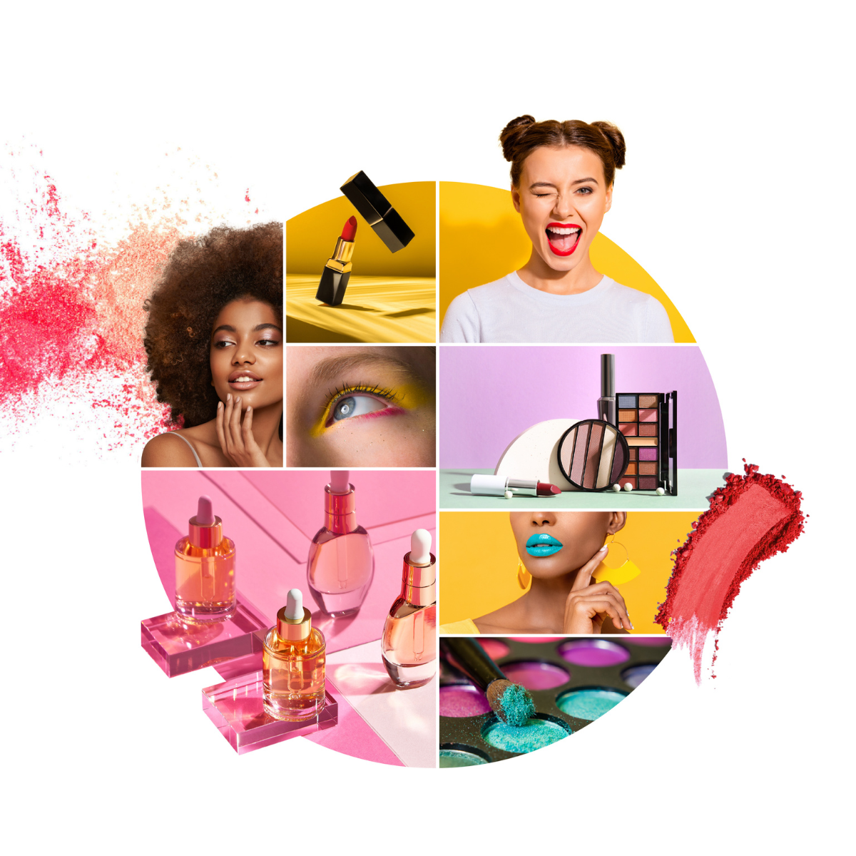 Una persona tiene un biglietto di auguri mentre prepara una scatola regalo con tre bottiglie di vetro di cosmetici e prodotti di bellezza circondati da carta triturata. La scena include un laptop su un tavolo di colore chiaro.