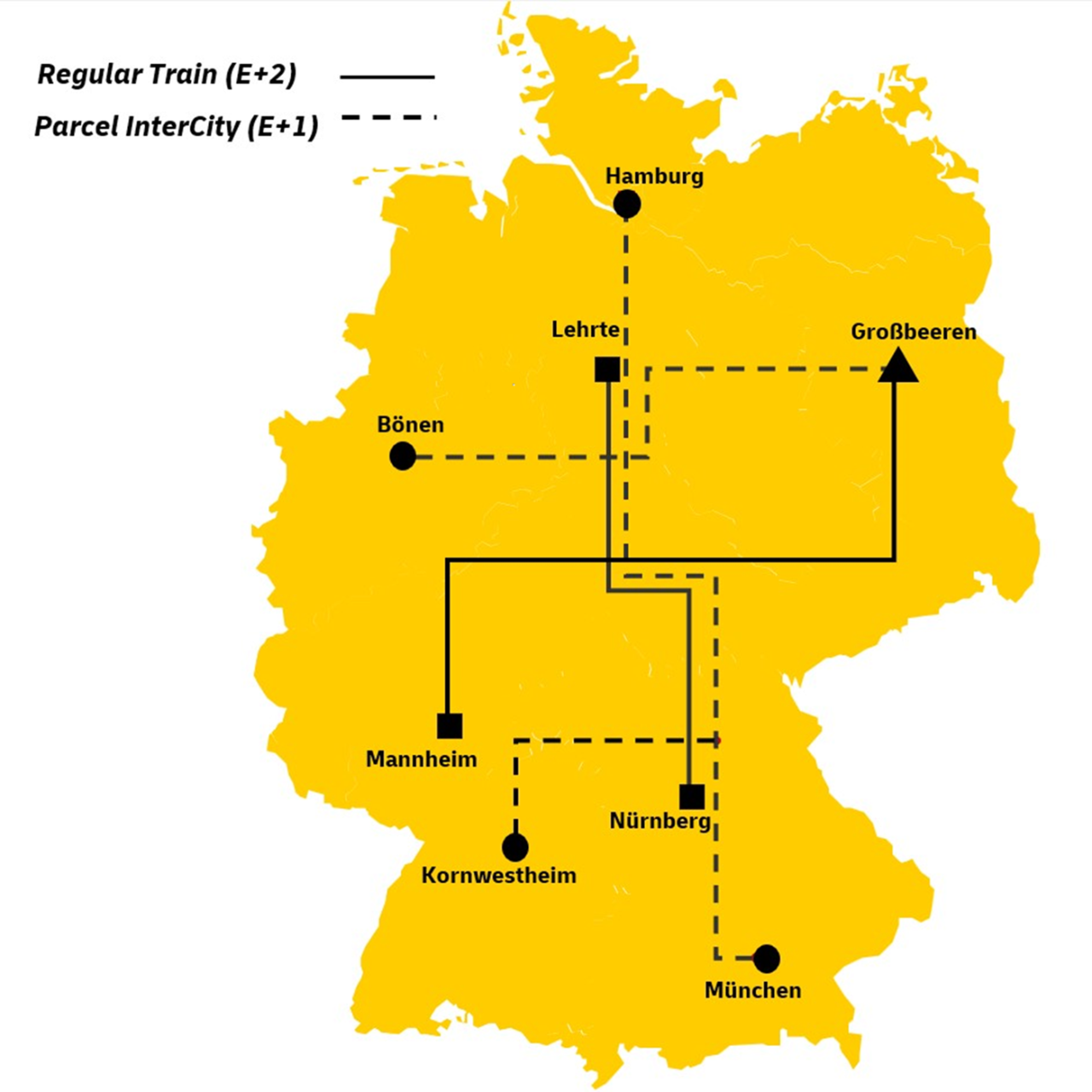 A map of Germany showing DHL Freight rail connections between locations in Germany including regular train routes and Parcel InterCity routes.
