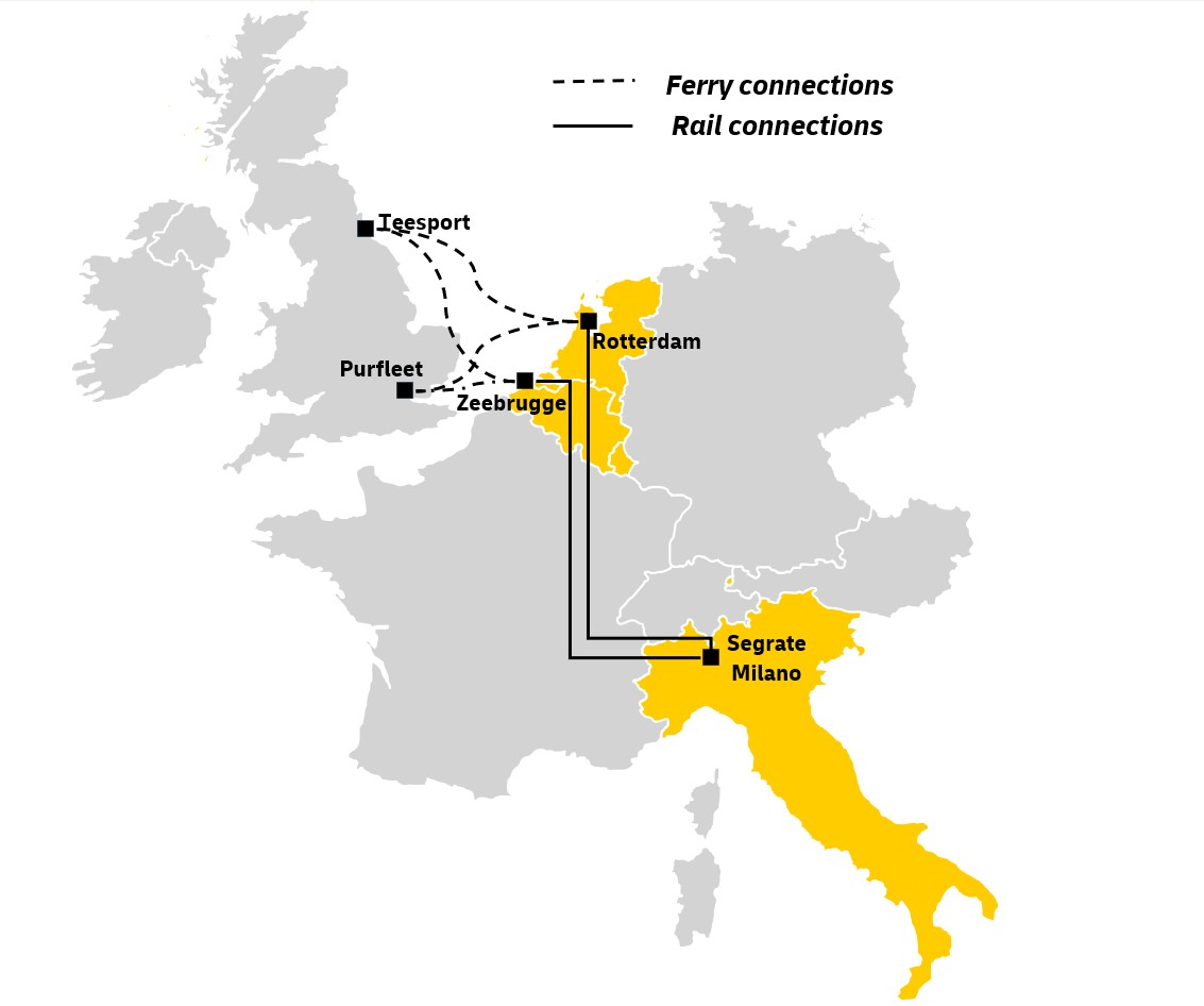 Una mappa di Italia, Belgio, Paesi Bassi e Regno Unito che mostra i collegamenti ferroviari di DHL Freight tra Milano Segrate, Zeebrugge e Rotterdam. Vengono mostrate le rotte dei traghetti da Zeebrugge e Rotterdam ai porti del Regno Unito Purfleet e Teesport.
