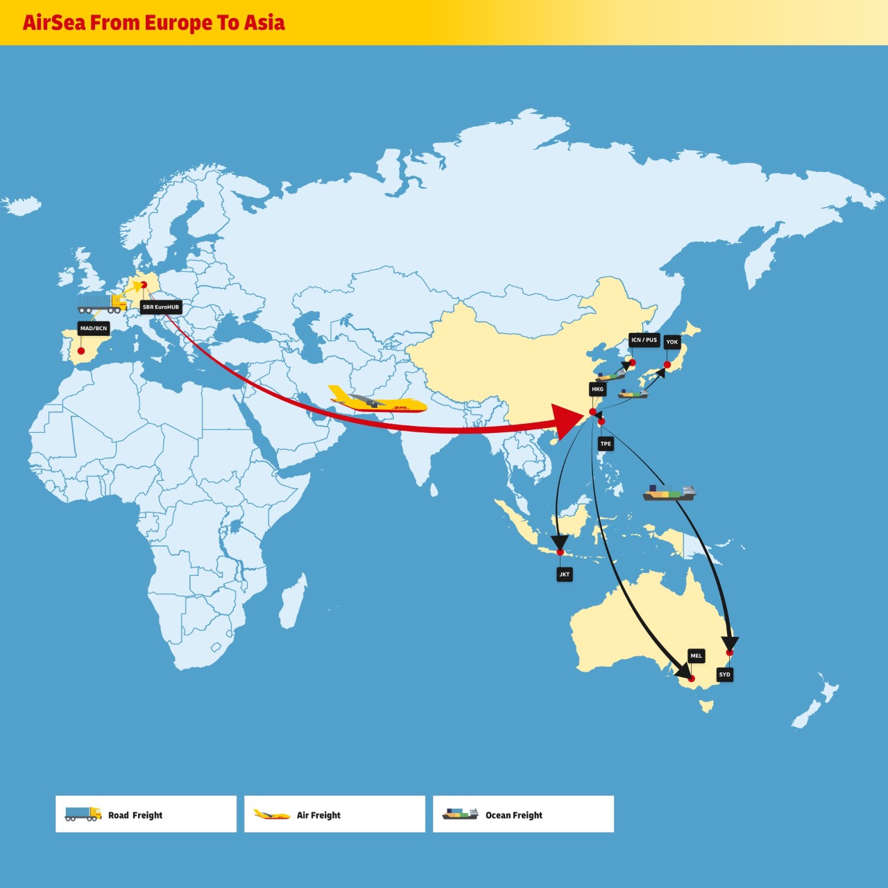 Kaart die wegtransport toont van Spanje naar Duitsland, gevolgd door een vlucht van Duitsland naar Hongkong, van waaruit de zendingen per zeevracht doorgaan naar uiteenlopende Aziatische bestemmingen 