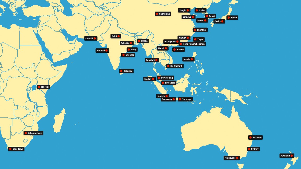 Kort over containerstations til køl og frys i Asien, Afrika og Oceanien