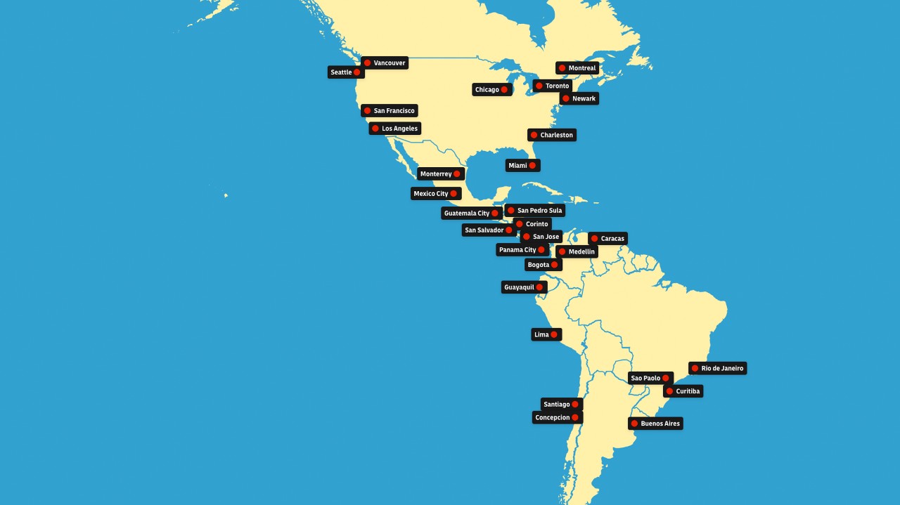 Harta stațiilor refeer din America de Nord și America de Sud